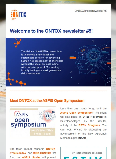 Graphics of the ONTOX newsletter number 5, the project that aims to provide a risk assessment of chemicals without using animals. 

