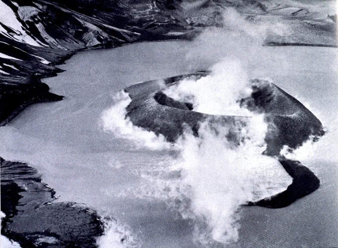 Deception Island volcano during an eruption in 1967. Image credit: Global Volcanism Project.