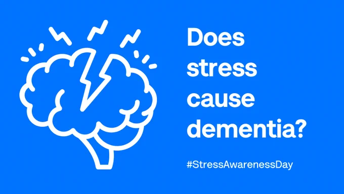 Bright blue graphic with cartoon of an exploding brain and text Does stress cause dementia? #StressAwarenessDay