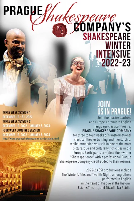 Poster advertising Prague Shakespeare Companies Winter Shakespeare Intensive with photos of artists performing Shakespeare, the inside of the Czech National theatre and iconic Prague locations.