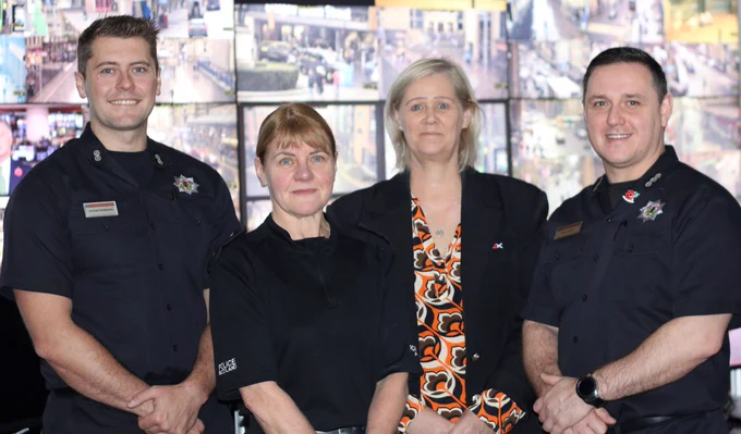 Pictured in Glasgow's City Operations Centre are Marc McGill and Steven Morrison of Scottish Fire and Rescue; Chief Inspector Elaine Tomlinson of Police Scotland and Councillor Elaine McSporran.