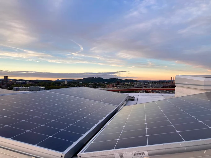 Solar panels on the roof of Hotel Marcel.