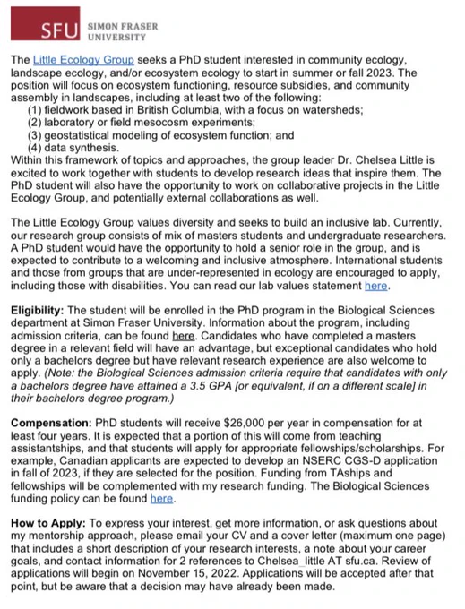 A screenshot of a document describing a PhD position in Burnaby, British Columbia, Canada, on stream ecosystem functioning. The ad lists the eligibility and compensation, and describes how to apply.