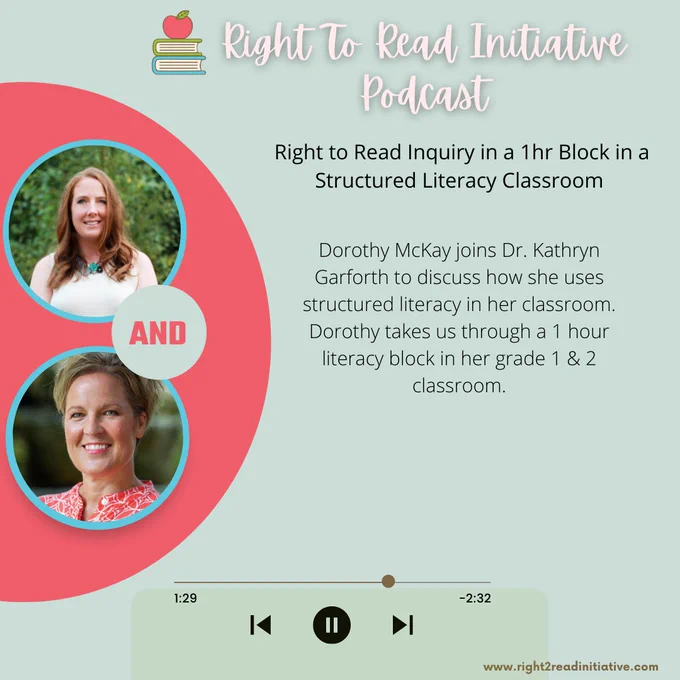 Dorothy McKay joins Dr. Kathryn Garforth to discuss how she uses structured literacy in her classroom. Dorothy takes us through a 1 hour literacy block in her grade 1 & 2 classroom.  Podcast link: https://bit.ly/3T0tZqb  #podcast #classroom #structuredliteracy #literacyblock #right2readinitiative