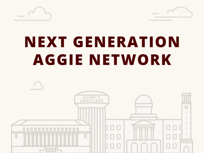 Illustrated skyline of campus with text next generation Aggie network.