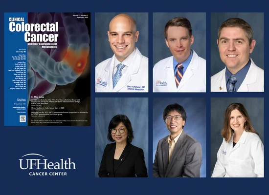 Clinical Colorectal Cancer journal cover. Researcher headshots: top row left to right: Ellery Altshuler, M.D., Aaron Franke, M.D., and Thomas George, M.D., FACP. Bottom row left to right: Ji-Hyun Lee, DrPH, XiangYang Lou, Ph.D., and Krista Terracina, M.D.