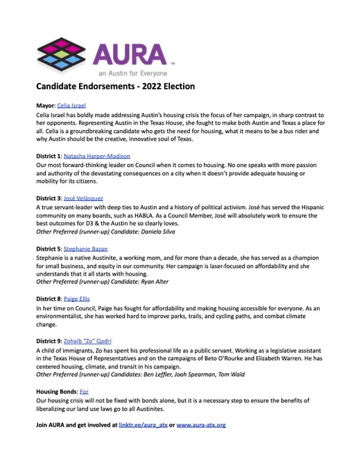 Candidate endorsements from AURA ATX
