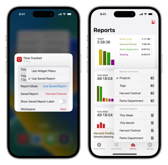 Two iPhones. The first shows Timery widget options to show a saved report in the time tracked widget. The second shows a context menu above the reports tab with a list of saved reports grouped in two sections: reports overviews and summary reports. 