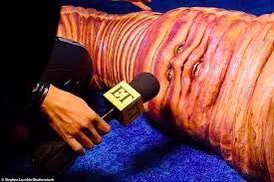 Heidi Klum lays on a blue carpet dressed as a worm, while a hand holds a microphone to her face.