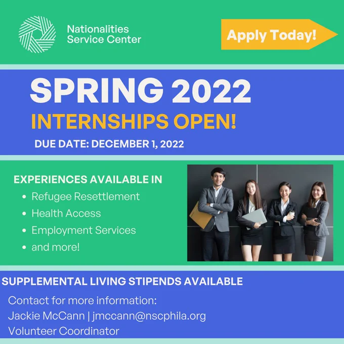 Spring 2022 Internships Open! Due 12/1/2022. Intern w/ Refugee Resettlement, Health Access, Employment Services & More!