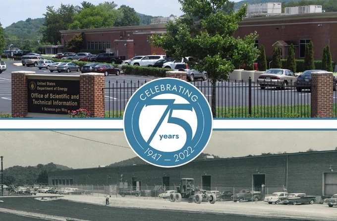 Two photos of a parking lot with a brick building in the background - the top one is a modern photo in color and the bottom is a historical black and white photo. In the middle, there is a logo that says "Celebrating 75 years - 1947-2022."