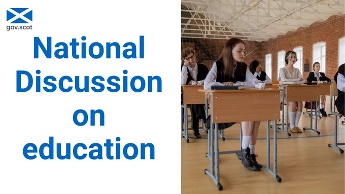 Students sitting at desks and the words: National Discussion on Education  