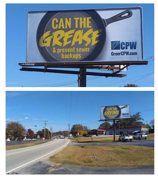 Photo of large billboards promoting "Can the Grease" to prevent sewer backups.
