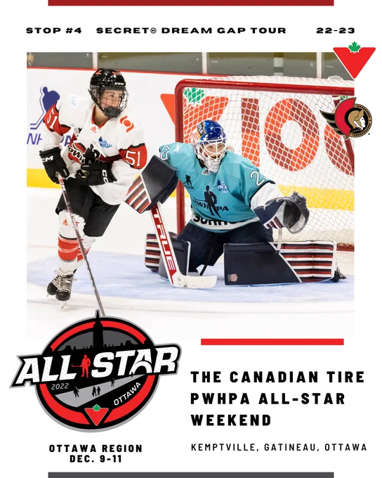 Graphic with a photo showing Scotiabank’s Bach and Sonnet’s Hensley during a game. Logo for the Canadian Tire PWHPA All-Star Weekend is in the lower left. Texts reads December 9-11, Ottawa Region. Text on the right reads The Canadian Tire PWHPA All-Star Weekend, Kemptville, Gatineau, Ottawa.
