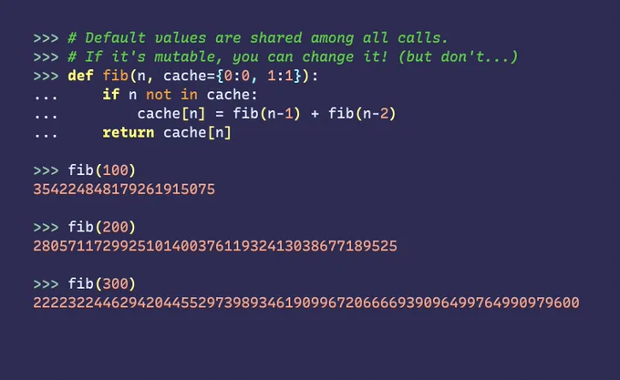 Using a default value dictionary as a cache for a fib() function. Full text at https://gist.github.com/b11269e21369c1119f83cc98842930f3
