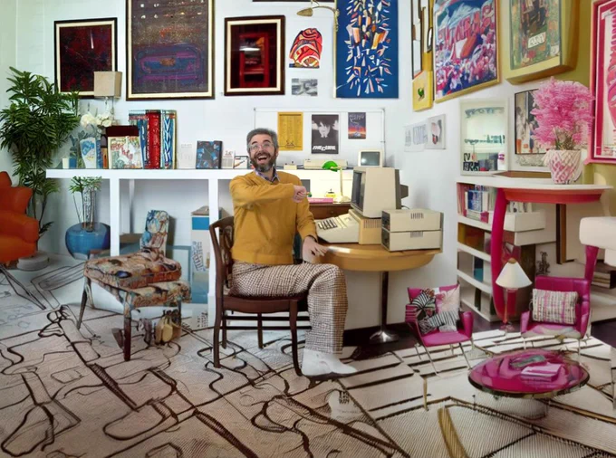 A man sits smiling in a wildly designed 80s studio full of colorful furniture and paintings over the wall. It's a little off as if designed by an AI model. There is an Apple II  computer sitting on a desk.