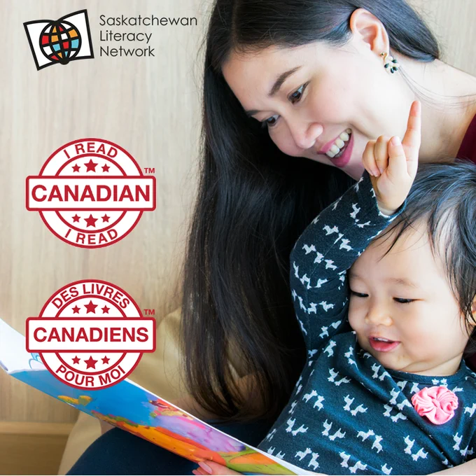 This image is of a young child, sitting in the lap of an adult. They are reading a Canadian book together. The adult is holding the book and the child is having fun pointing to things in the book. They are both smiling. There are logos from "I Read Canadian" and "des livres Canadiens pour moi" on the left, and a Saskatchewan Literacy Network logo. The post is from the Saskatchewan Literacy Network in support of I Read Canadian Day www.saskliteracy.ca