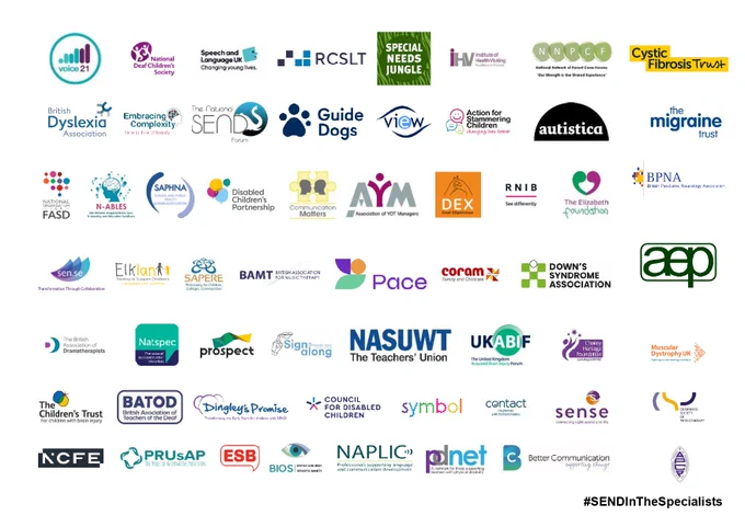 First of two collections of logos of the signatories to the #SENDInTheSpecialists letter that over 100 organisations have sent to Gillian Keegan, Secretary of State for Education, and Steve Barclay, Secretary of State for Health and Social Care, calling on them to invest in the specialist workforce for children and young people in the Government's forthcoming SEND and AP Improvement Plan.