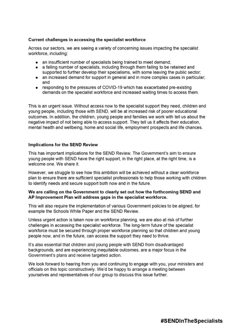 Second page of the two page #SENDInTheSpecialists letter that over 100 organisations have sent to Gillian Keegan, Secretary of State for Education, and Steve Barclay, Secretary of State for Health and Social Care, calling on them to invest in the specialist workforce for children and young people in the Government's forthcoming SEND and AP Improvement Plan.
