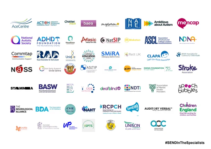 Second of two collections of logos of the signatories to the #SENDInTheSpecialists letter that over 100 organisations have sent to Gillian Keegan, Secretary of State for Education, and Steve Barclay, Secretary of State for Health and Social Care, calling on them to invest in the specialist workforce for children and young people in the Government's forthcoming SEND and AP Improvement Plan.