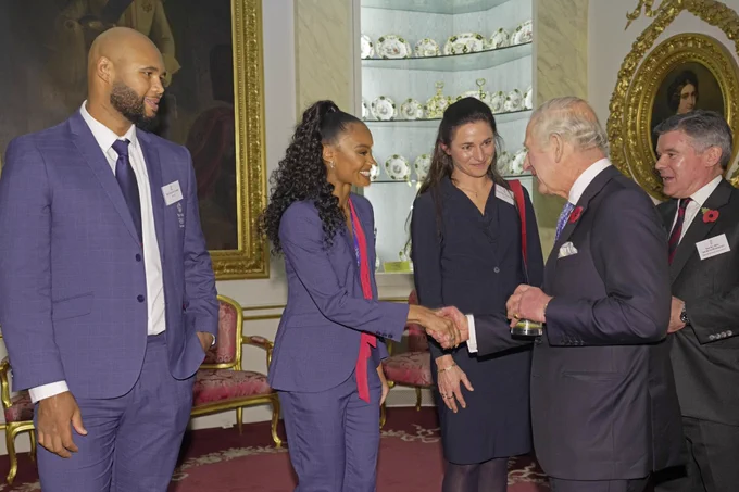The King meets Olympic and paralympic medallists Dame Sarah Storey, Imani-Lara Lansiquot and Frazer Clarke.