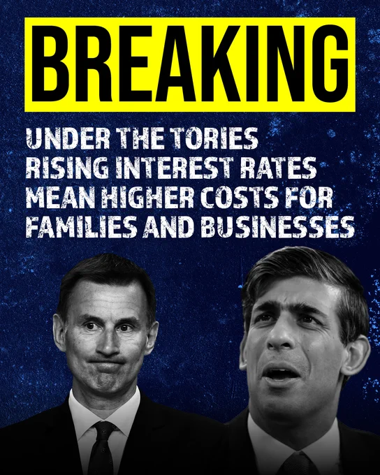 A dark blue background with black and white photographs of Rishi Sunak and Jeremy Hunt. A bold title highlighted in yellow reads: Breaking. And below text reads: Under the Tories, rising interest rates mean higher costs for families and businesses.