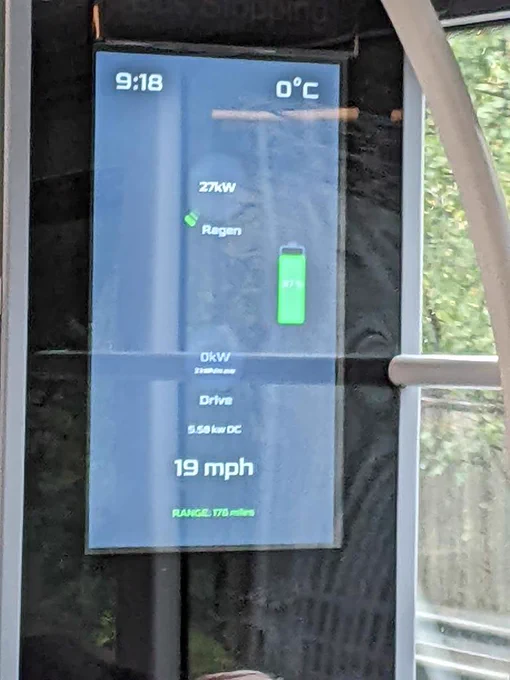 Information panel inside the electric bus showing information about the battery, range and vehicle speed