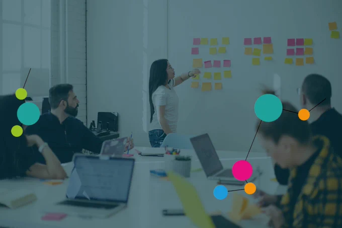 Vier Menschen sitzen an einem Tisch in einem Büroraum. Eine Frau steht vorne und gestikuliert zu mehreren Post-It-Notes an der Wand. Die Gruppe scheint Ideen zu sammeln.  