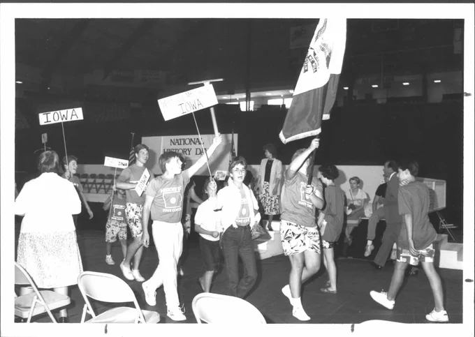 This photo is a group of Iowa students and teachers during the Parade of States at the 1987 Awards Ceremony. 