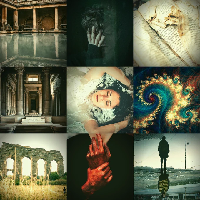 A dark, gloomy moodboard on a 3x3 grid depicting the following:
- first column: two ancient bathhouses and an aqueduct
- second column: an anxious man, a bathing woman, and a pair of hands covered in blood
- third column: a torn book, a recursive fractal, and a person reflected in a puddle.