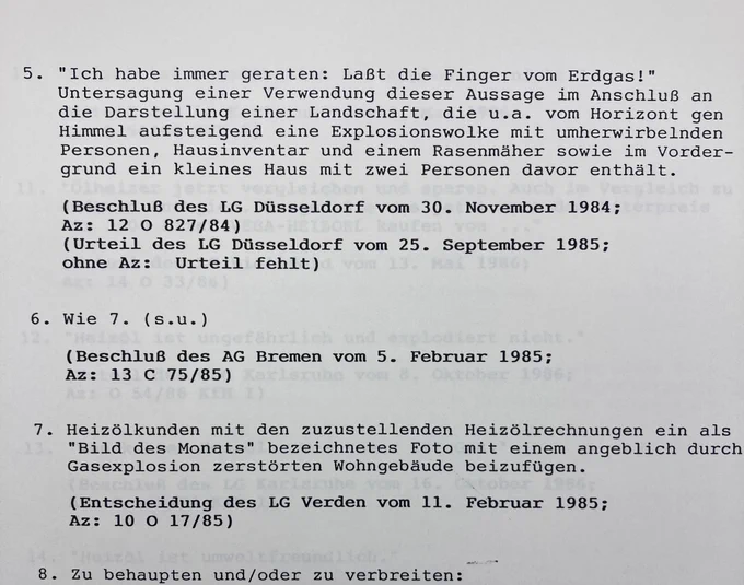 Zusammenstellung unzulässiger Werbeaussagen zu Heizöl/Erdgas