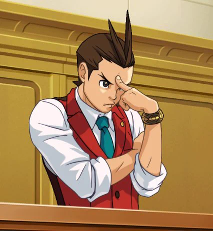 2D Apollo Justice thinking sprite. He is wearing a red vest over a white shirt and a blue tie. He wears a gold bracelet and has one arm crossed over his chest, with the other pointed against his forehead. His face is scrunched up and he is very cute.