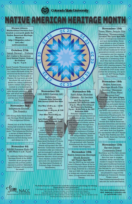 A teal graphic flyer with Native American designs and patterns and a circular design filled with Indigenous artwork. Text boxes filled with event info for Native American Heritage Month are laid throughout the flyer. 