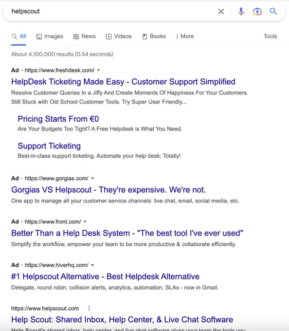 A screenshot of a Google Search for “helpscout”. The first 6 (!!) links are ads for direct Helpscout competitors. In the very bottom of the page is the actual result I was looking for.