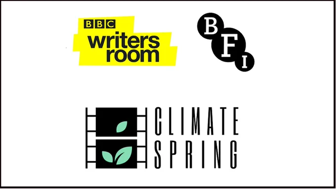 The logos for the BBC Writersroom, BFI and Climate Spring set over a white background