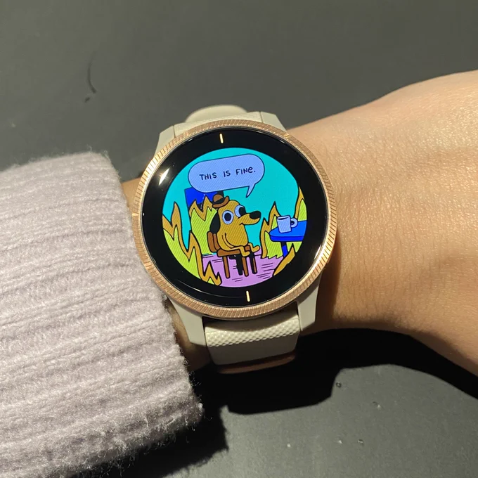 Smartwatch with an image display of the “this is fine” meme