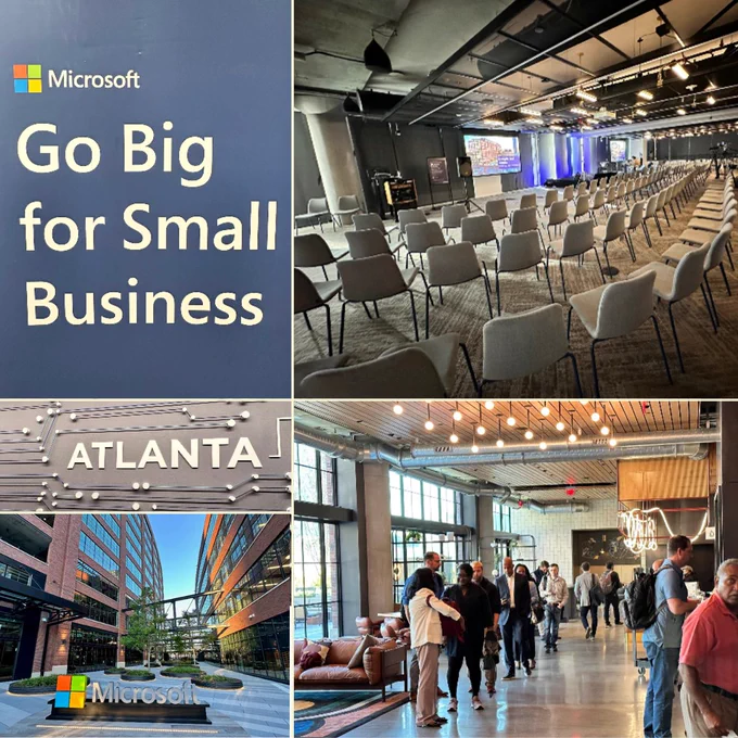A collage of images featuring a "Go Big for Small Business" event in Atlanta, including a room full of chairs, the Microsoft sign outside of the Atlanta office, and a room full of people.