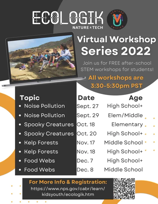 Gray, black, white, and orange flyer that states “EcoLogik Nature x Tech” and “Virtual Workshop Series 2022” with a list of topics and dates. 