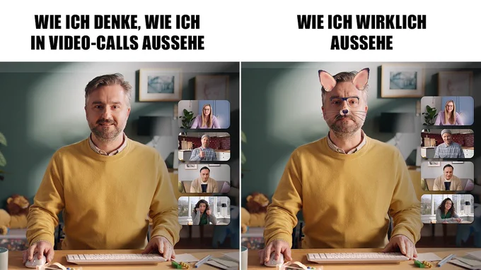 Wie ich denke, wie ich in Video-Calls aussehe (Mann hinter Laptop) vs. Wie ich wirklich aussehe (Mann hinter Laptop mit Maus-Filter auf dem Gesicht)