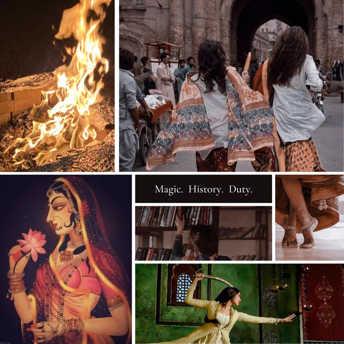 A moodboard with 7 boxes.  Fire.  Two women running down the street, their dupatta's flying behind them.  A painting of a woman in traditional Rajastani dress holding a lotus.  A woman putting a book up on a shelf.  The words-Magic.  History.  Duty.  Dancing feet covered in henna and wearing gungaroos (anklets with bells).  A woman holding a sword aloft, her hair loose around her.