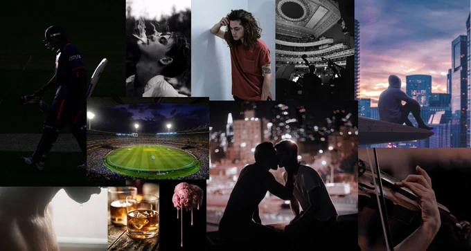 A collage of images that constitute:
1. A cricketer
2. A man blowing out smoke
3. A long-haired, tattooed, anxious man leaning against a wall
4. An orchestra playing in front of an audience in a hall
5. A hooded figure sitting at the edge of a high rise ledge
6. A violin
7. Two men kissing 
8. Ice cream
9. Whiskey
10. Water dripping down a man's chest