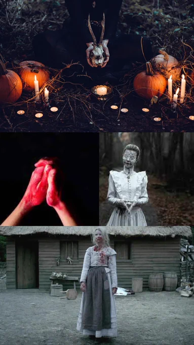 Witch with pumpkins, bloody prayer hands, bloody pilgrim girl