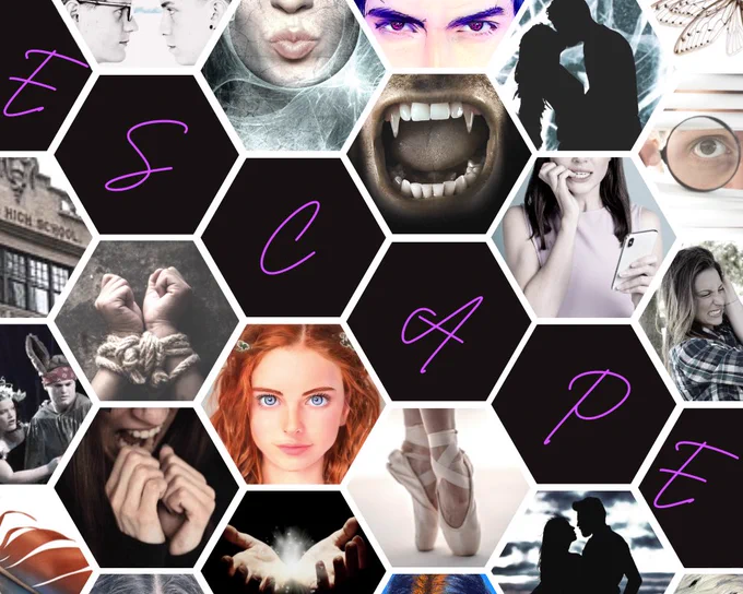 Mood board with the word "escape" bisecting it diagonally. Images of teenage boys glaring at each other, magic swirling around a puckered mouth, bared vampire fangs, a teenage girl looking at her phone while chewing her nails, a grimacing teenage girl getting her hair pulled, a close up of glaring eyes, a silhouette of a man kissing a woman, someone spying through a window, and a fairy wing are above the word "escape." Images of a high school building, hands bound in rope, a headshot of a teenage girl, a ballerina's feet in pointe shoes, a silhouette of an embracing couple looking at each other, actors performing "A Midsummer Night's Dream" on stage, a teenage girl screaming into her clenched fists, glowing magic in cupped hands, and a feather are below the word "escape."