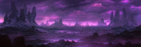 a barren landscape under roiling clouds, everything tinted in the purple of psionics