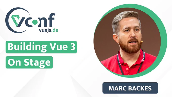 Banner of vuejs.de Conf presenting Marc Backes and his talk "Building Vue 3 On Stage" at the vuejsdeconf2022.