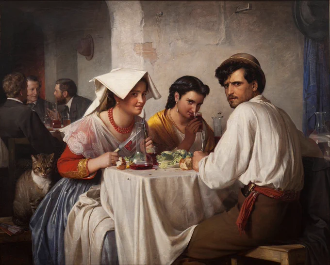 Disdainful people at dinner with disdainful cat!! Oil on canvas. 1866. Carl Bloch.
