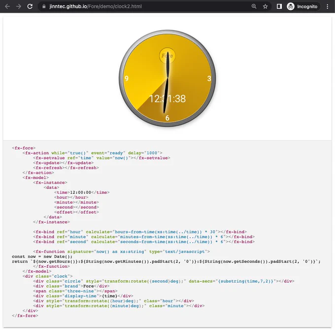 A Fore demo displaying a clock with the current time. See https://jinntec.github.io/Fore/demo/clock2.html