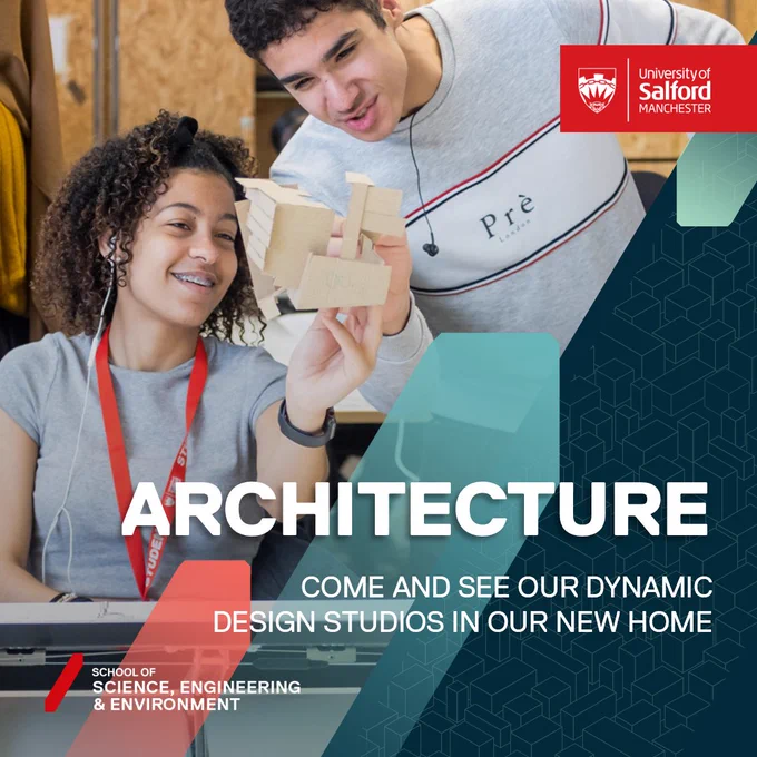 An photo of two people looking at an architecture model, with text as follows: "Architecture: Come and see our dynamic design studios in our new home".