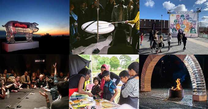 A collage of 6 images from Kaleider artworks: Pig; The Time It Takes; Robot Selfie; The Money; Fish Mobile; Arch