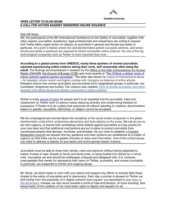 Content of an open letter to Elon Musk